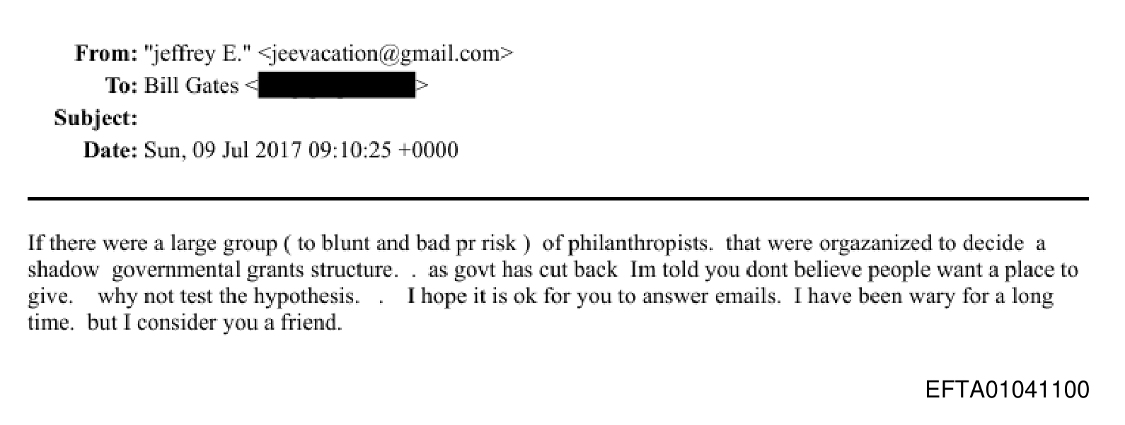 Email from Jeffrey Epstein to Bill Gates, July 9, 2017, DOJ file EFTA01041100